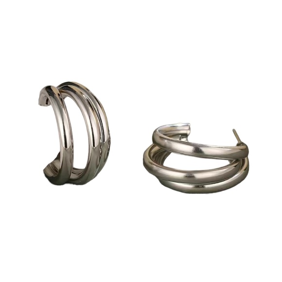 Geometric C Shaped Silver Hoop Earrings - Picture 3 of 4